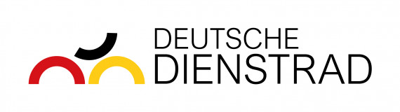 Das Logo der Deutschen Dienstrad hat links zwei Halbkreise in rot und gelb sowie einen Viertelkreis in schwarz, die zusammen ein abstraktes Fahrrad andeuten, daneben steht der Schriftzug.
